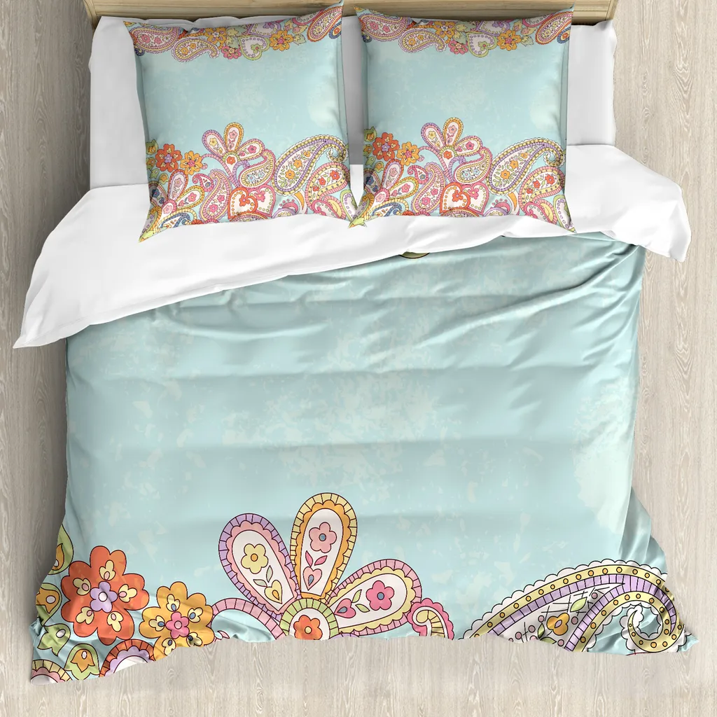 ABAKUHAUS Copripiumino con fiori, motivo paisley retrò disegnato a mano, antiacaro e anallergico, con federe, 200 cm x 200 cm - 80 x 80 cm, multicolore