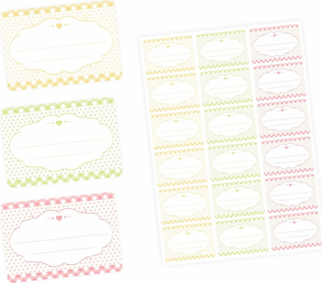 72 Blanko Etiketten Vichy Karo - pastell gelb grün rosa - 64 x 45 mm