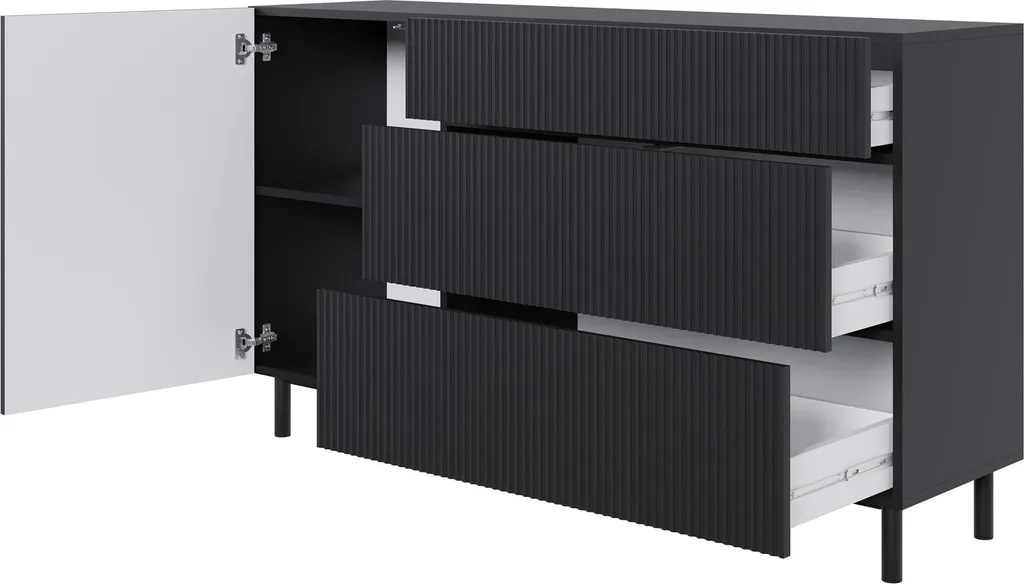 Buffet Noir à Façade Rainurée Veldio New 140 cm Style Design Moderne - 4
