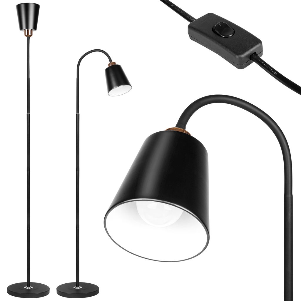 A collage of product images showing a black and gold floor lamp from different angles, including a close-up of the lamp head and a detail of the power switch.