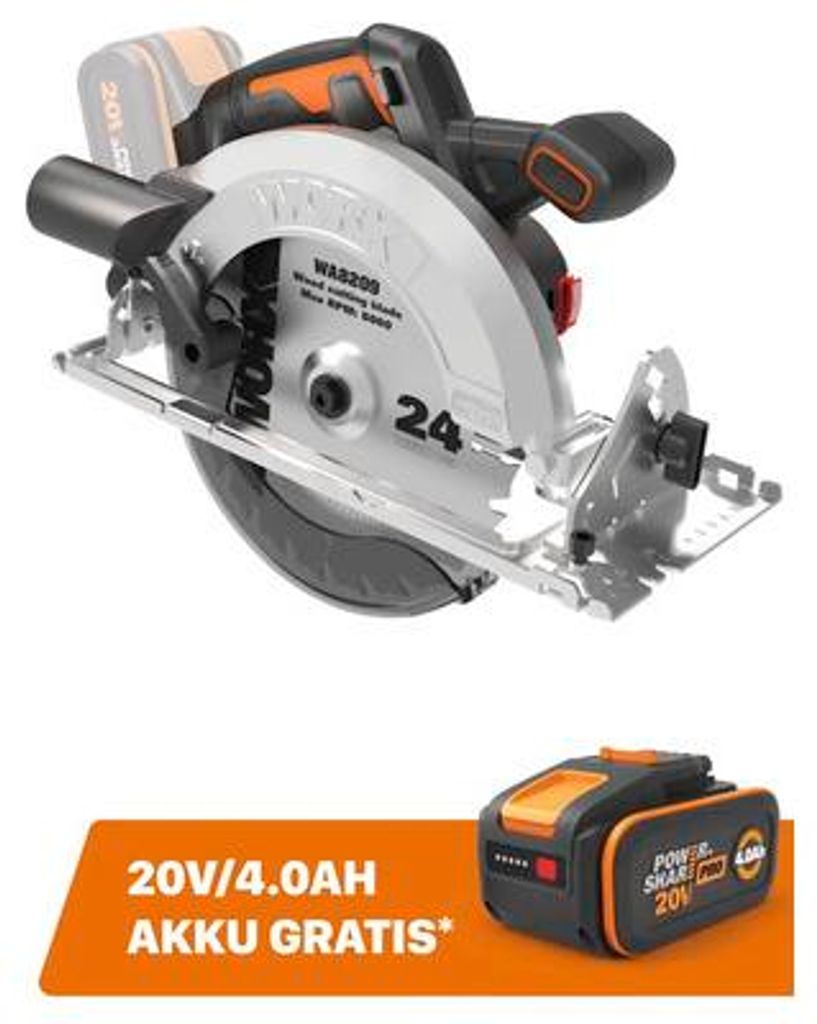 Akku-Handkreissäge WORX 20V 190mm/65,7mm WX520.9, Brushless Produktbild 