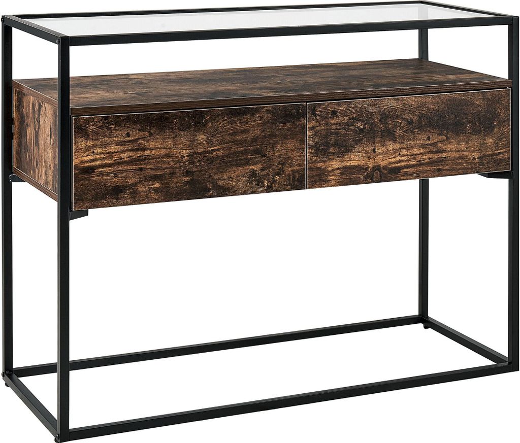 BELIANI Konsolentisch Dunkler Holzfarbton und Schwarz MDF-Platte Sicherheitsglas Metallgestell 2 Schubladen Rechteckig Schmal Schlafzimmer Wohnzimmer