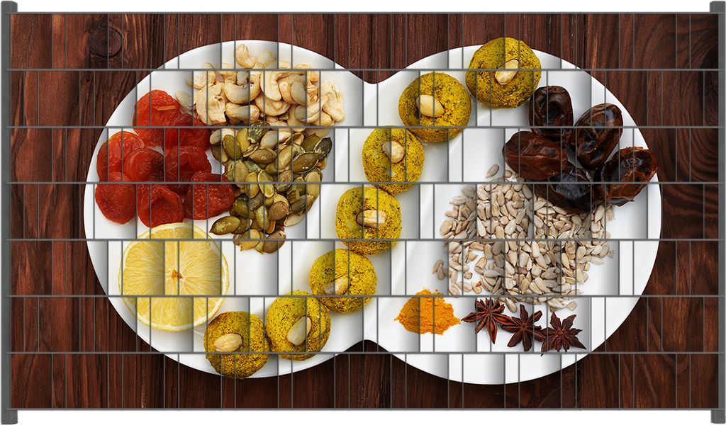 Wallario Zaunsichtschutz mit Motiv Trockenfrüchten und Nüssen - Gesundes zum Knabbern für Ein- und Doppelstabmatten Zäune in der Größe 250 x ...