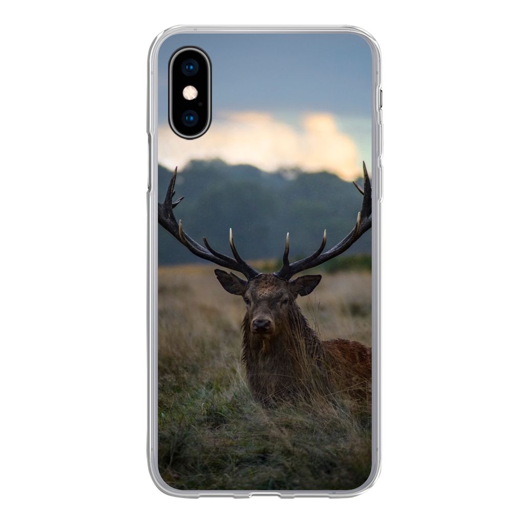 MuchoWow Handyhülle Schutzhülle Hülle für iPhone X Hirsch - Wiese - Geweih Silikon Softcase Handy Hülle - Handyhülle