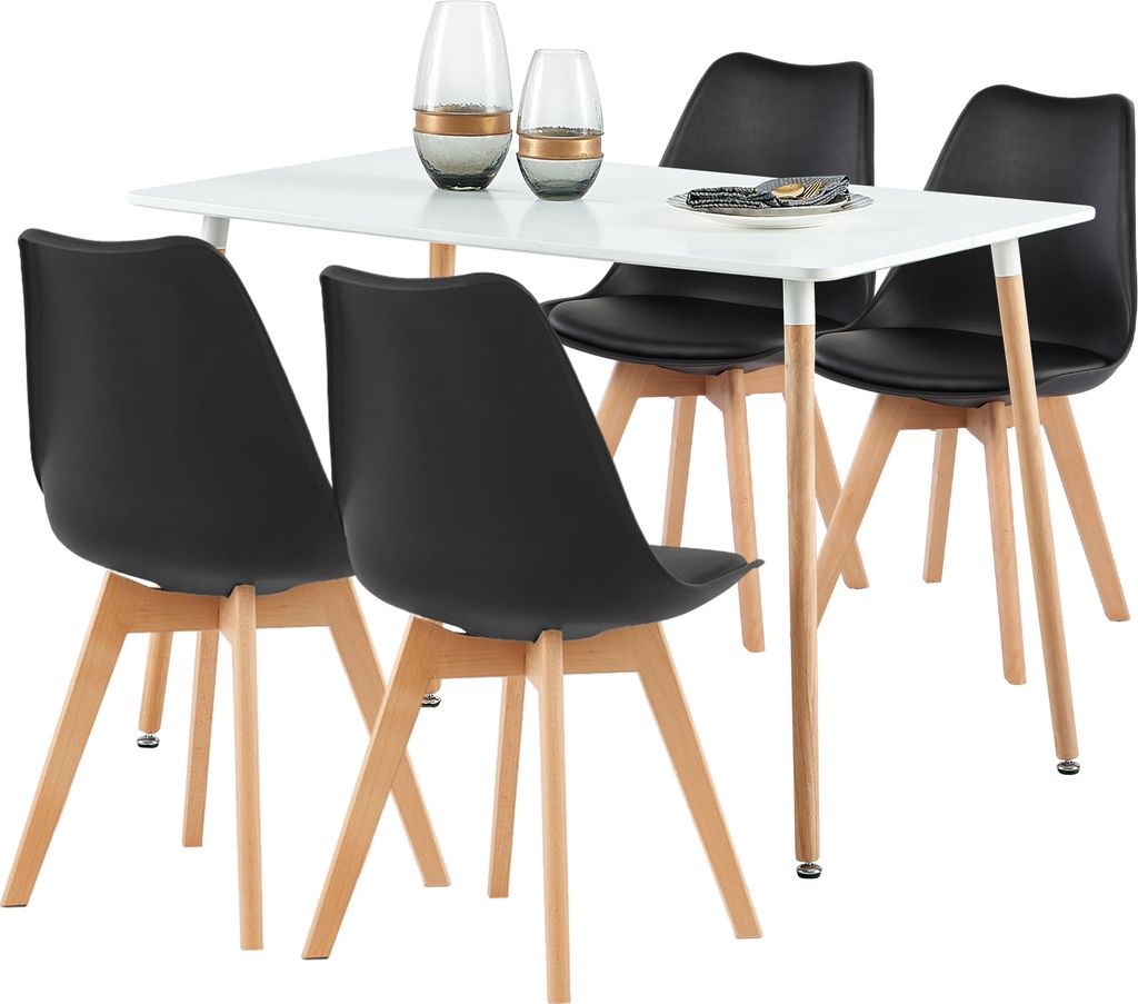 A white dining table with four black chairs, set against a white background.