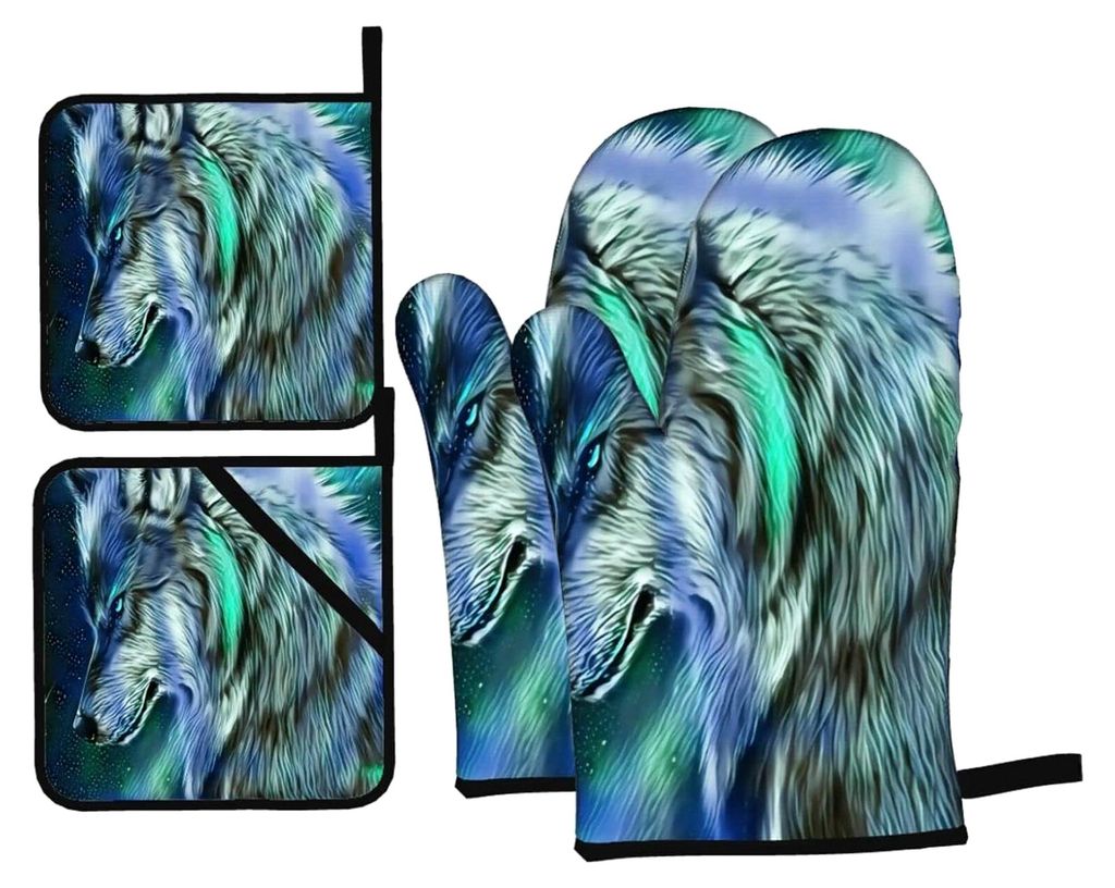 Ofenhandschuhe und Topflappen-Sets, Wolfstiere, Druckmuster, 4 Stück, zum Backen und Grillen