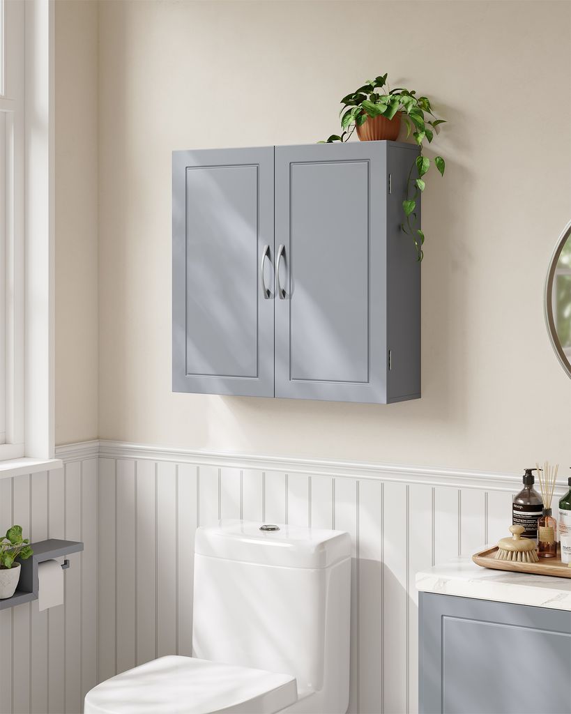A bathroom scene with a wall-mounted cabinet above a toilet.