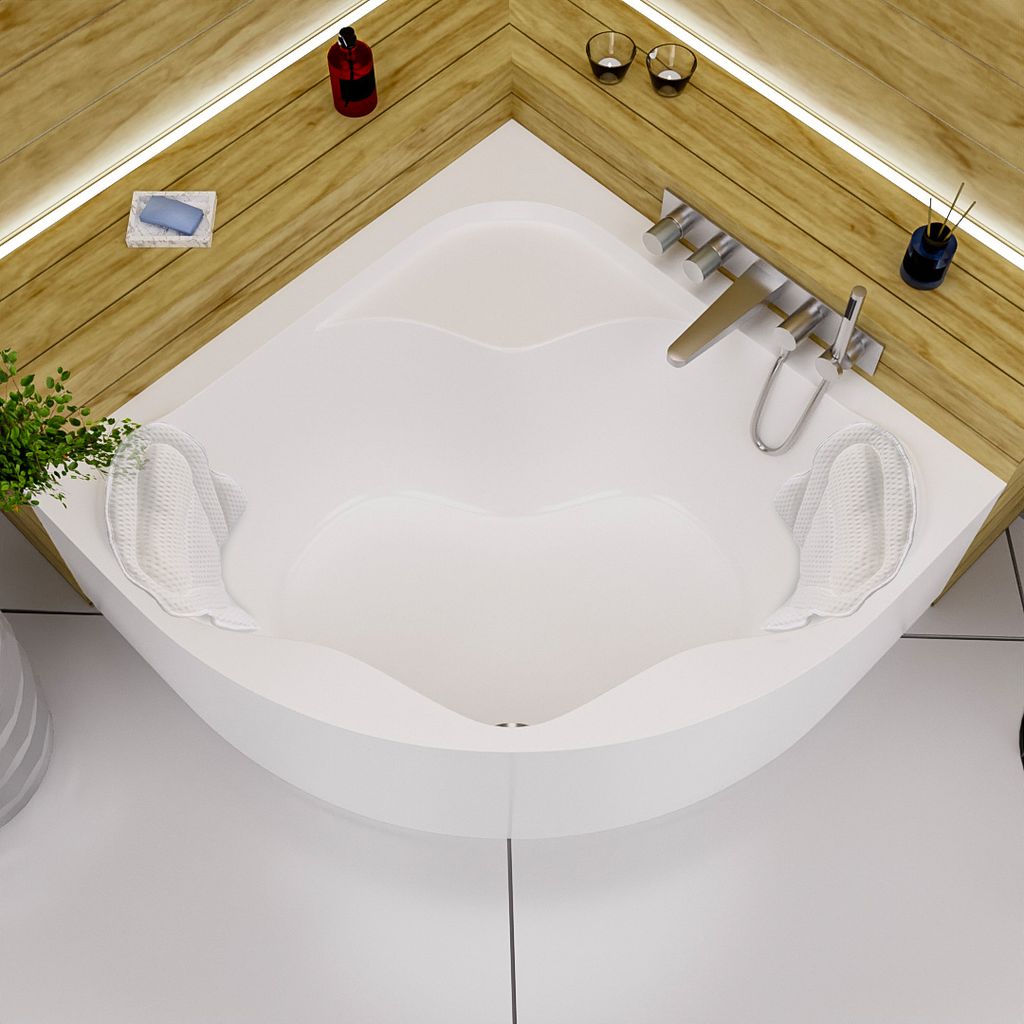 ECOLAM Badewanne Eckbadewanne SELMA 140 x 140 cm + Acrylschürze + 2 Kopfkissen Mare Eckwanne Acrylwanne symmetrisch Acryl weiß Ablaufgarnitur Viega