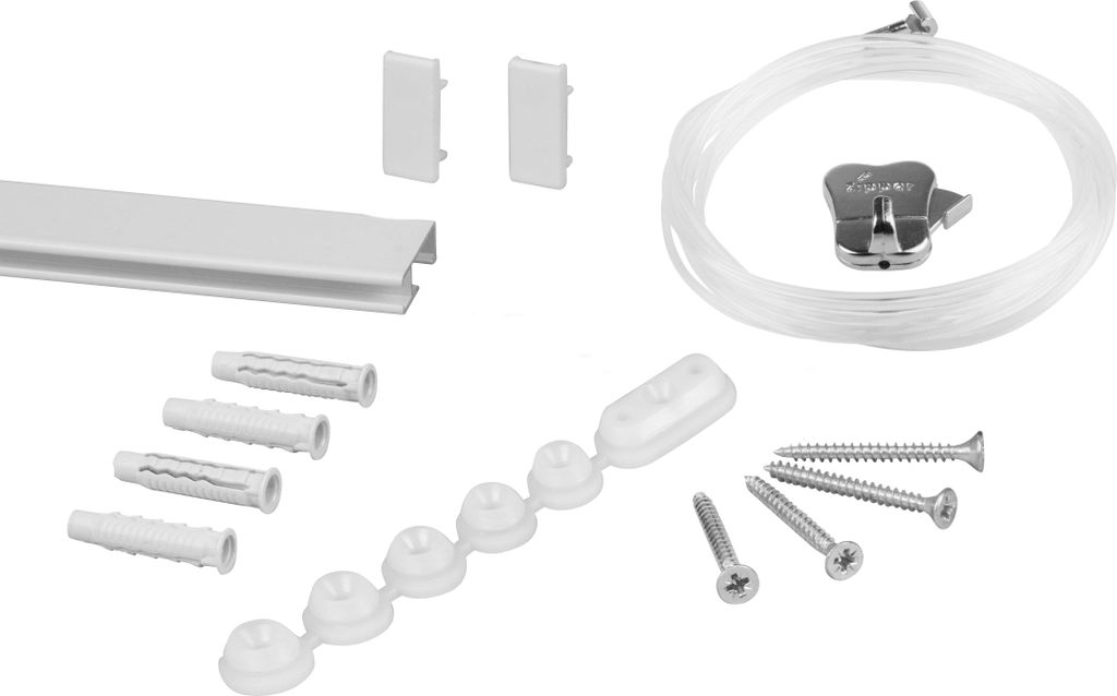 STAS Bilderschienen - STAS Cliprail + Perlonseil 150 cm + Zipper Bilderhaken - 100cm - Weiss