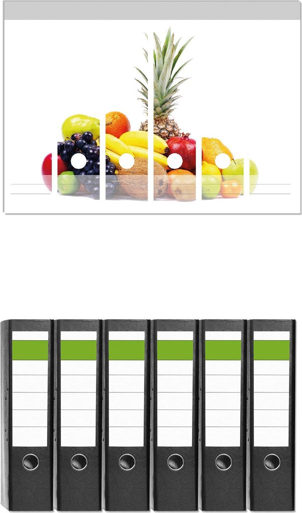 Wallario 6 Stück breite Ordner inkl. Klebeetiketten mit Motive Gemischtes Obst aus aller Welt - Exotische Obstsammlung - Set mit Rückenschildern...