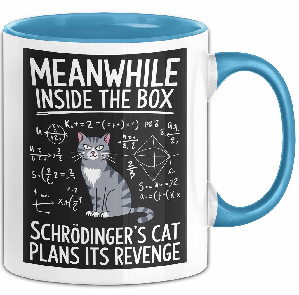 Mathe Mathematik Physik Lehrer Tasse Geschenk Lustige Geschenkidee Spruch In Der Box Schmiedet Schrödingers Katze Ihren Racheplan (Blau)
