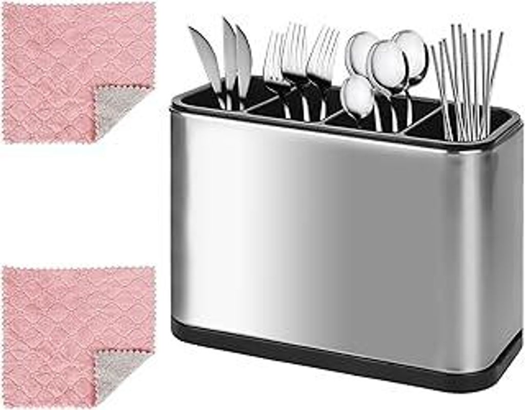 4 Fächer Besteckhalter, Küchenutensilienhalter mit 2 Putztuch für Küche Besteckkasten Caddy Halter Edelstahl Esszimmer Abtropfschale für Essst...
