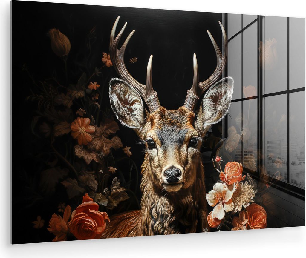 MuchoWow Glasbilder - Bilder auf Wandbild - Foto auf Glas Hirsch - Tier - Blumen - Natur - Botanisch 30x20 cm Wanddekoration aus Glas - Acrylglasbi...
