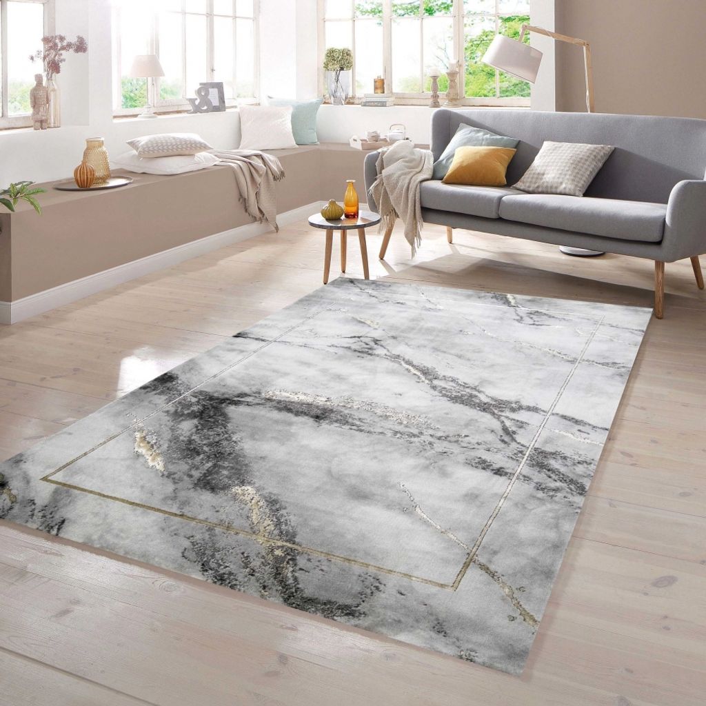 Teppich Wohnzimmer Marmor Optik in grau gold Größe - 200 x 290 cm