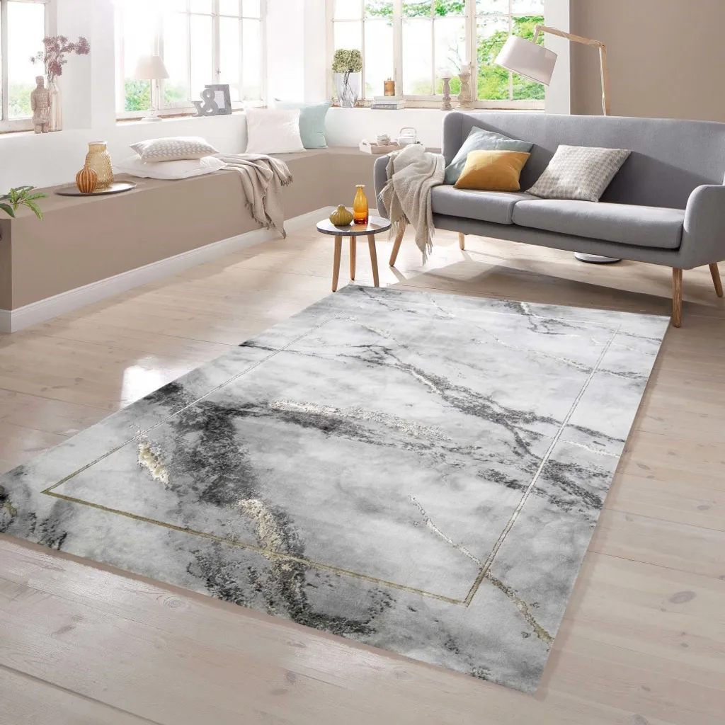 Grand tapis carré effet marbre pour salon moderne - Gris et Gold