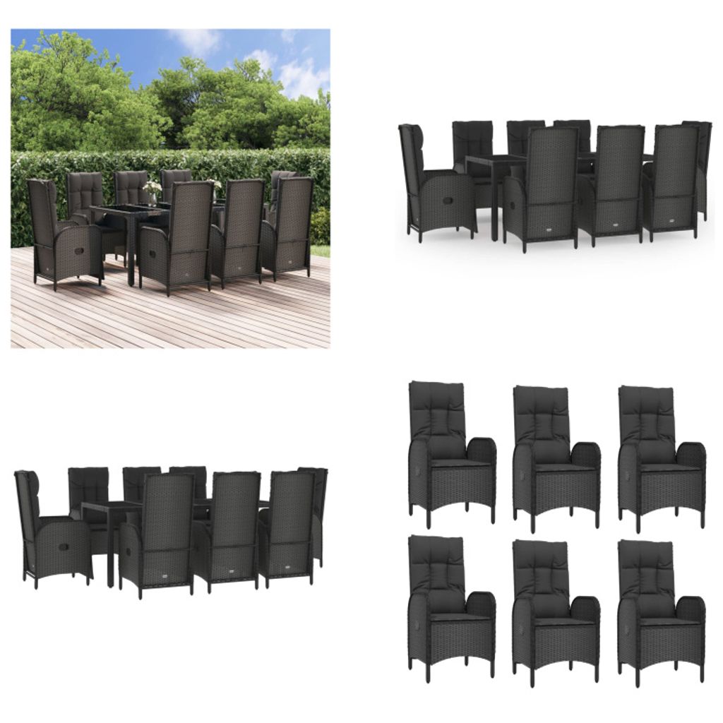 vidaXL 9 tlg. Garten Essgruppe mit Kissen Schwarz Poly Rattan - Garten Essgruppe - Garten Essgruppen - Essgruppe - Essgruppe Terrasse