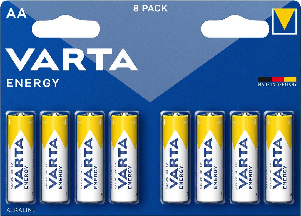 A blister pack of Varta Energy AA alkaline batteries.