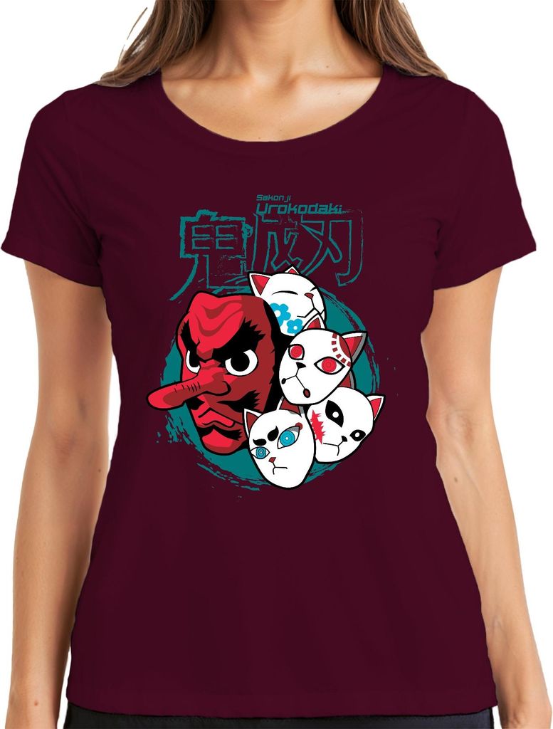 Tengu Maske Urokodaki Kitsune Masken Japan Anime Halloween Damen T-Shirt, Burgundy, 3XL