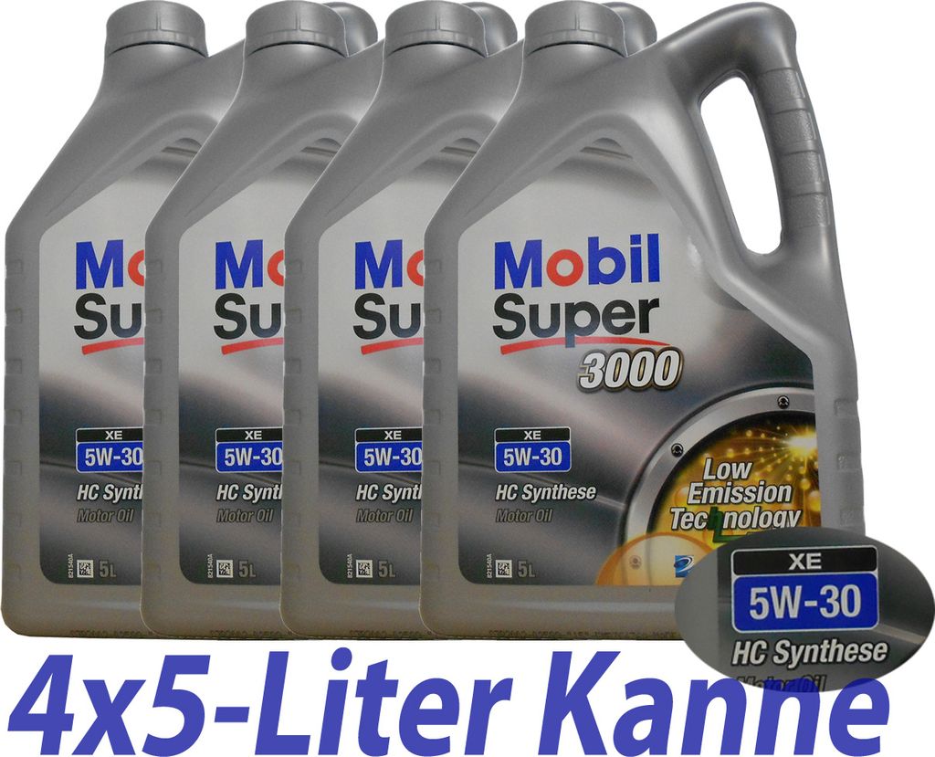 A group of five Mobil Super 3000 XE 5W-30 oil bottles.