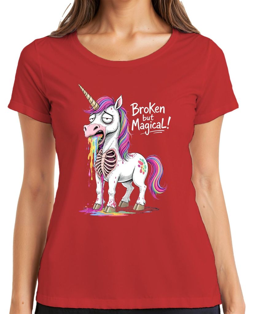 Broken but Magical Unicorn Rainbow Vomit Skeleton Funny Damen T-Shirt, Rot, S