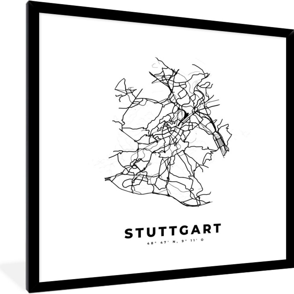 MuchoWow Gerahmtes Poster Stadtplan - Deutschland - Schwarz und weiß - Stuttgart - Karte 40x40 cm - Poster mit Schwarzem Bilderrahmen Wandposter...
