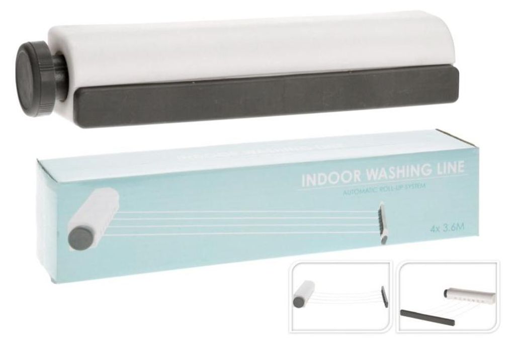 A product shot of an indoor washing line dispenser and its packaging, with inset images showing its use.