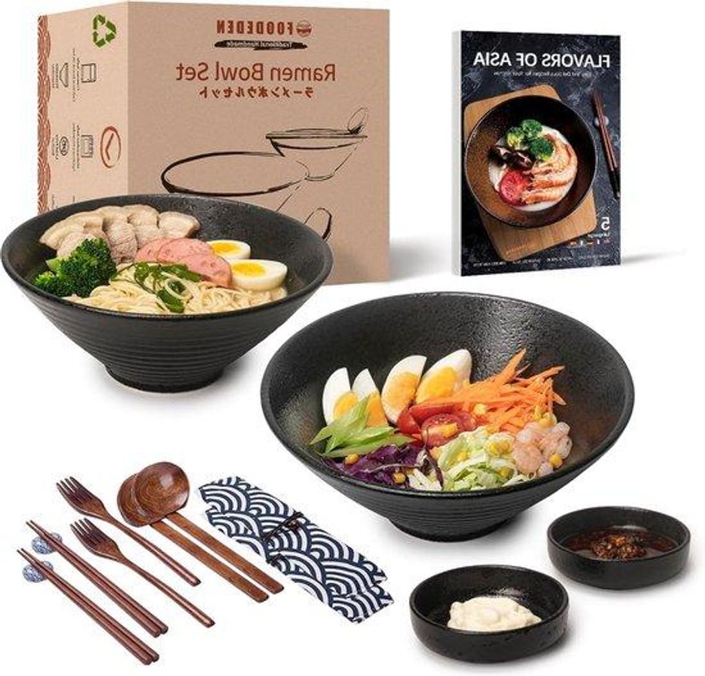 Porzellan-Nudel-Servier-Sets 2×1800ml 14 Stück für Nudeln, Soße, Salat, Pho, Udon & Pasta - Handgefertigt, Japanische Stil, Geschenkset mit Lö...