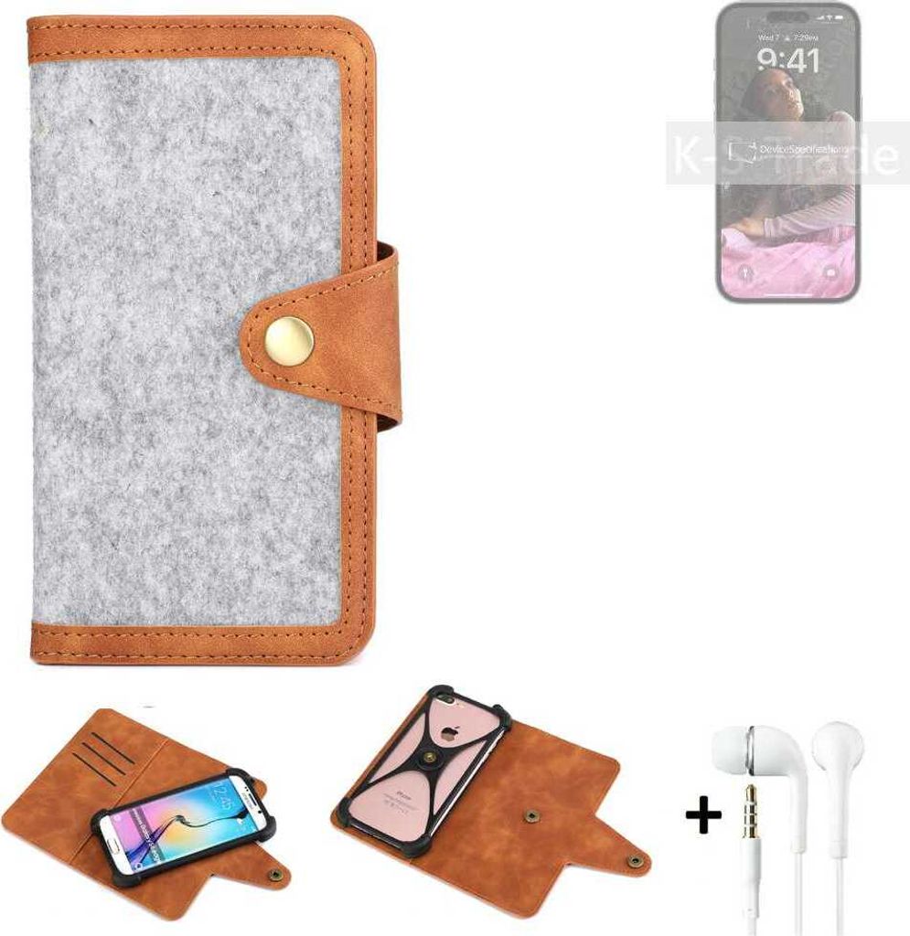 K-S-Trade Handyhülle + Kopfhörer kompatibel mit Apple iPhone 14 Pro Max Schutzhülle Filz Hülle Kunstleder hellgrau braun (1x)
