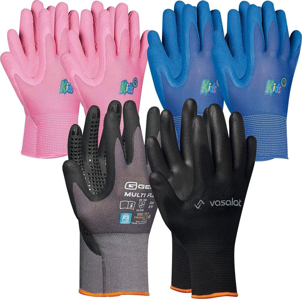 Arbeitshandschuhe Kinder 5 - 8 Jahre - Kinder Gartenhandschuhe in 2x Pink und 2x Blau + 1x Multiflex Handschuhe mit Noppen Gr. 11