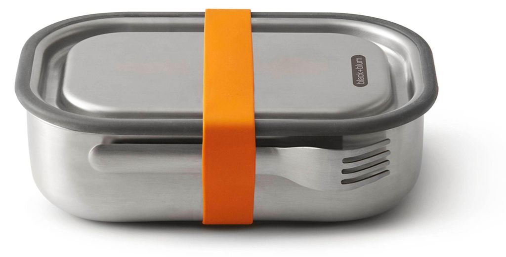 A stainless steel lunch box with an orange strap and a gray silicone seal.