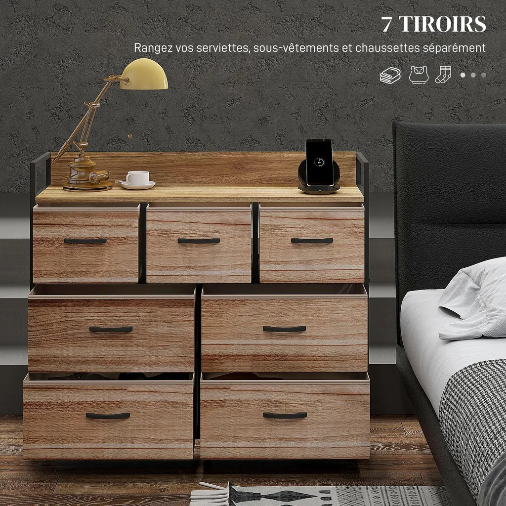 Commode 7 Tiroirs Pliants avec Structure Acier Noir Style Industriel - 3