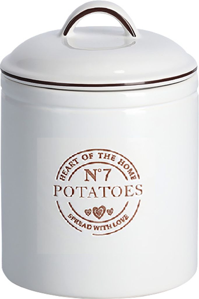 A white ceramic potato storage container with brown text and a brown handle.