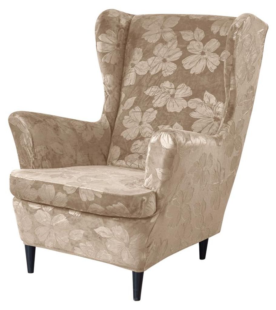 BEZUG für OHRENSESSEL Muster GEPRÄGTE HIBISKUSBLÜTEN VELOURS BEIGE