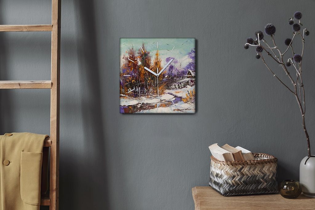 Coloray Hodiny Unikátní 30x30 cm Tiché hodiny Pro obývací pokoj a kuchyň Nástěnné hodiny Plátno Bílé ručičky hodin - Zimní řeka sn...