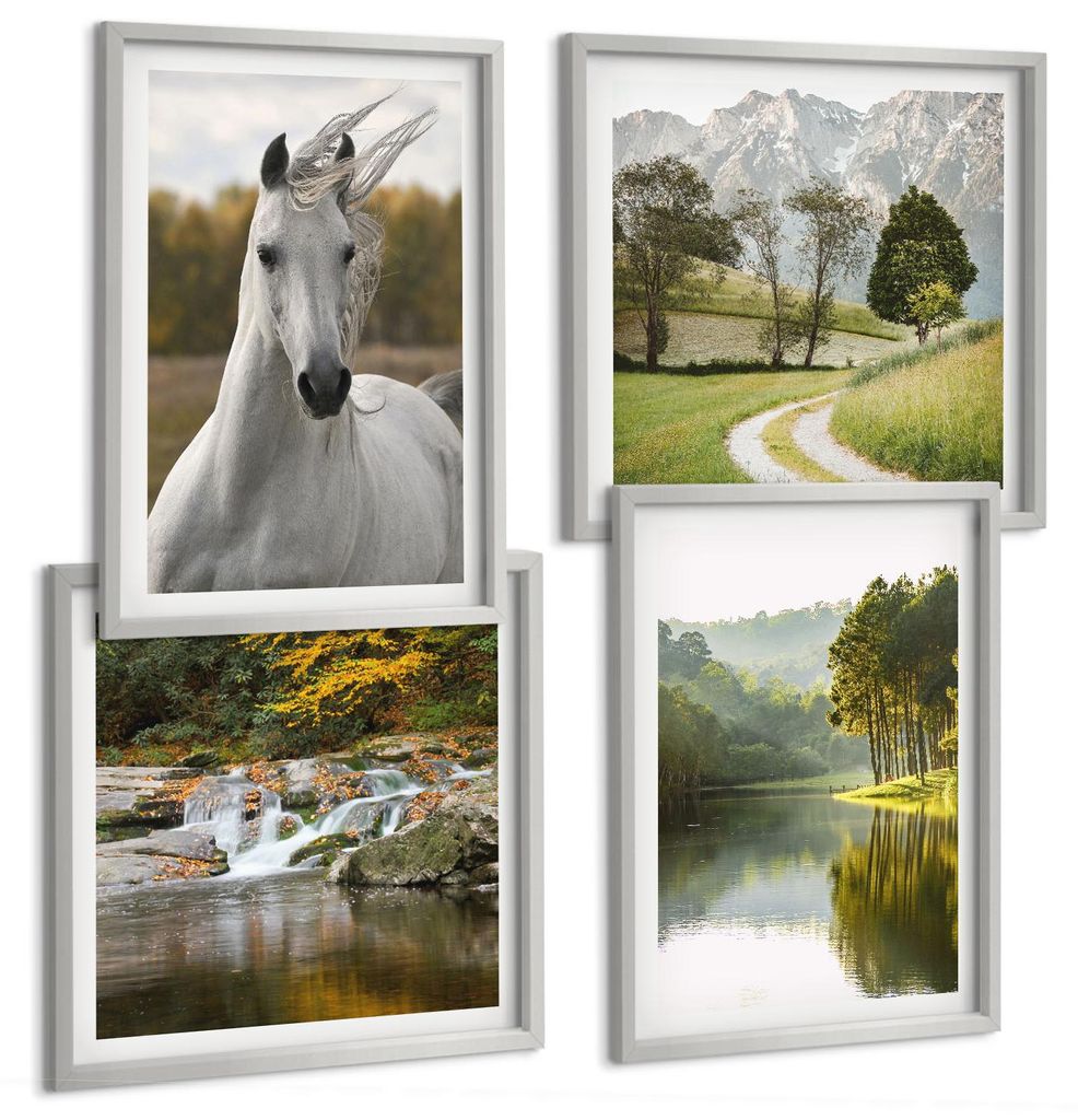 Bilder Set 4-teilig im silbergerahmten Rahmen – Wandbilder 4 Stück – gerahmte Poster für Wohnzimmer, Schlafzimmer und Flur – 50x50 cm - 40x...