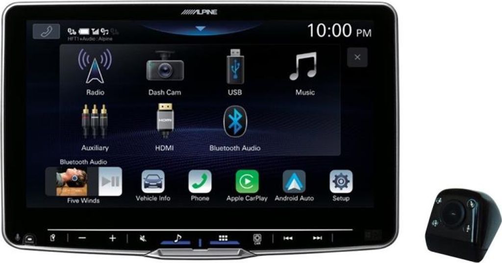 A car stereo system with a touchscreen display and a backup camera.
