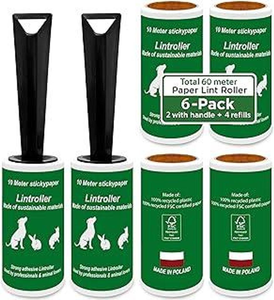 Fusselrolle 6er Set – 2 ergonomische Griffe + 4 Nachfüllrollen – Starke Klebewirkung – Entfernt Haare, Fusseln & Staub – Europe