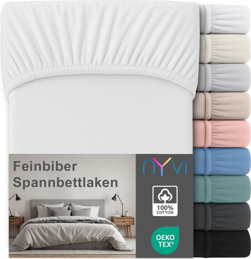 Feinbiber Spannbettlaken Deluxe für Matratzen bis 25 cm Steghöhe - Extra Warm & Weich, 100% Baumwolle, Bügelfrei, Vorgekrumpft, Farbe:Weiß, Gr...