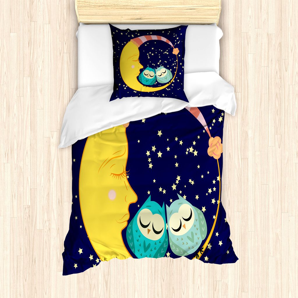 ABAKUHAUS Mond Bettbezug Set für Einzelbetten, Sleeping Owl Couple Crescent, Milbensicher Allergiker geeignet mit Kissenbezug, 135 cm x 200 cm - 8...