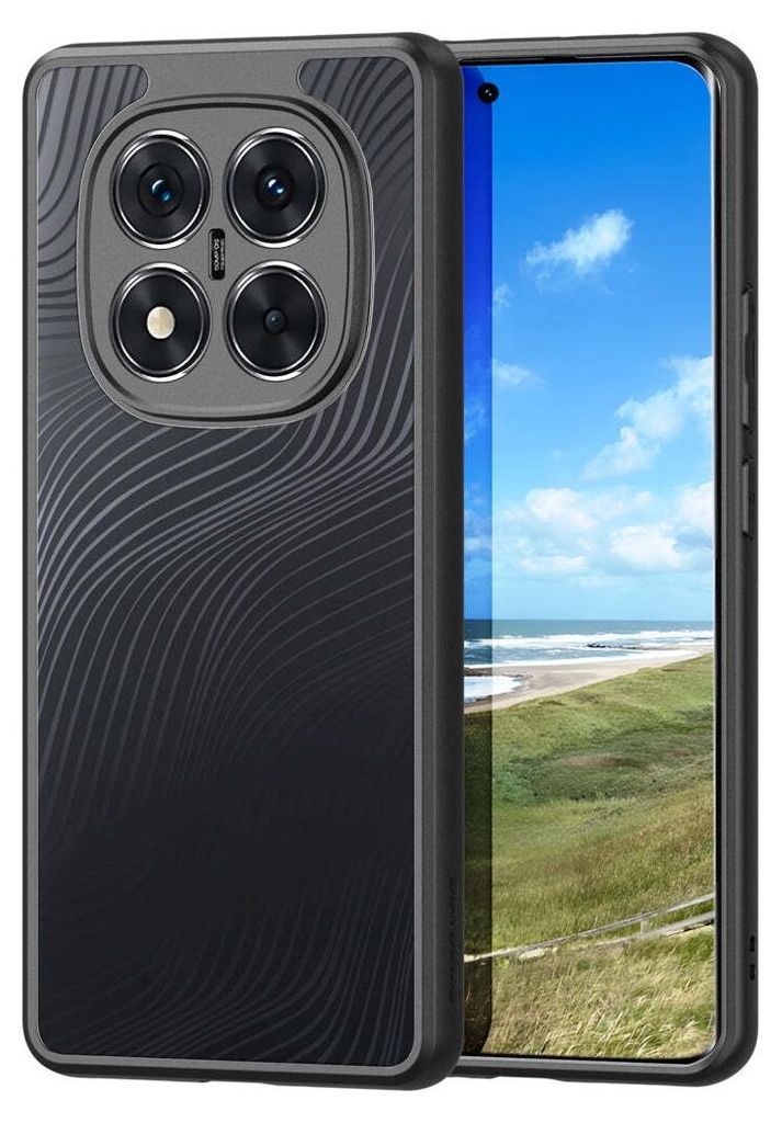 A black phone case with a wavy pattern is shown next to a smartphone displaying a beach scene.