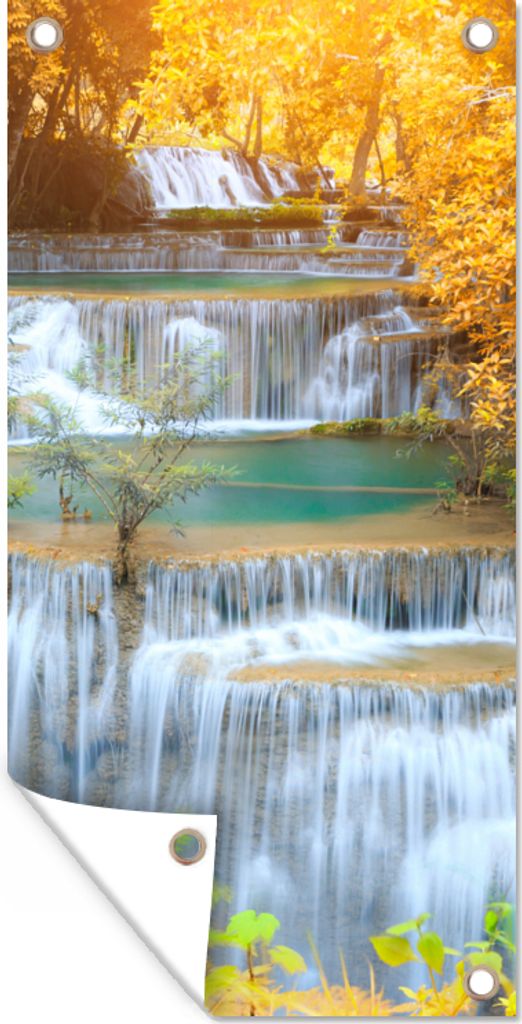 MuchoWow 30x60 cm Outdoor-Poster Gartendeko Sichtschutz Garten Poster für den Garten Wasserfall - Herbst - Bäume - Braun - Wasser
