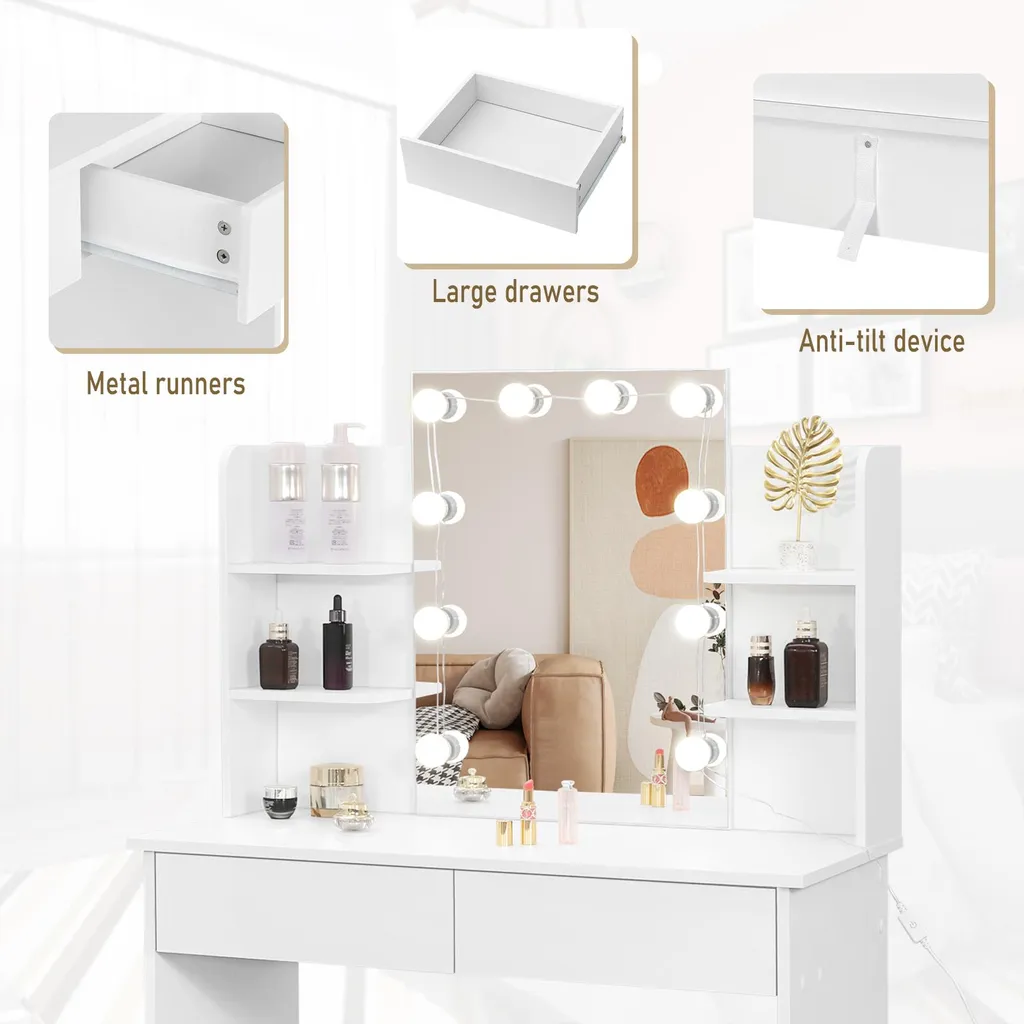 Table de maquillage blanche à LED - Coiffeuse moderne avec rangements - 6