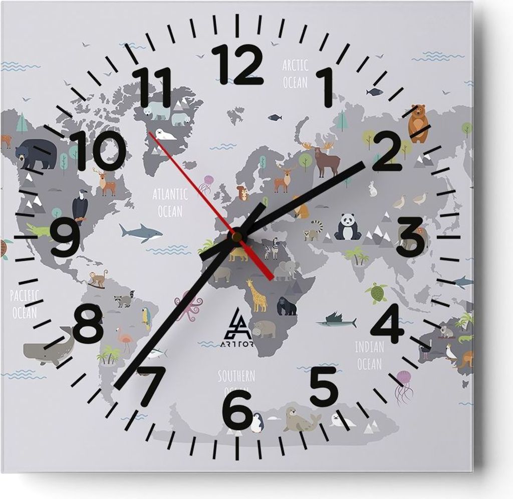Wanduhr - Quadrat - Glasuhr - Karte die Welt Kontinente - 40x40cm - Schleichendes Uhrwerk - Lautlos - zum Aufhängen bereit - Dekoration Modern - W...