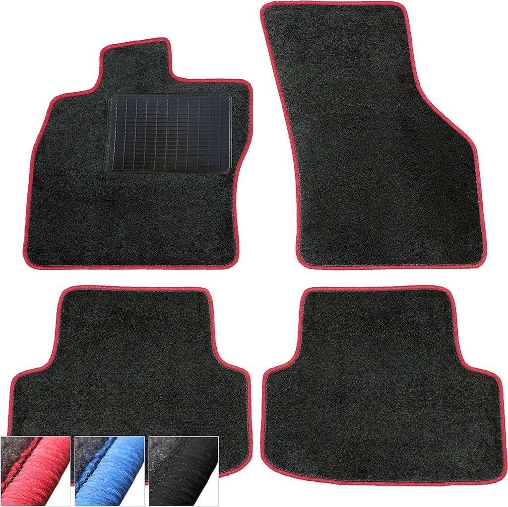 Fußmatten Auto Velours Autoteppiche Schwarz Automatten Set 4-teilig passend für Daewoo Tico 1996-2001 (Rote - Ziernähte)