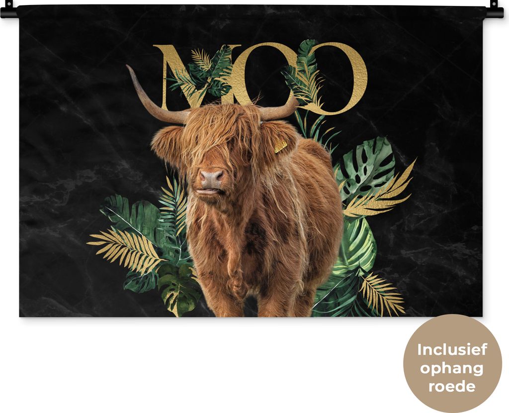 MuchoWow Wandteppich Wandbehang Schottisches Hochlandrind - Monstera - Gold 90x60 cm Tapisserie Dekoration Wandtuch - Wandskulpturen - Bildteppich