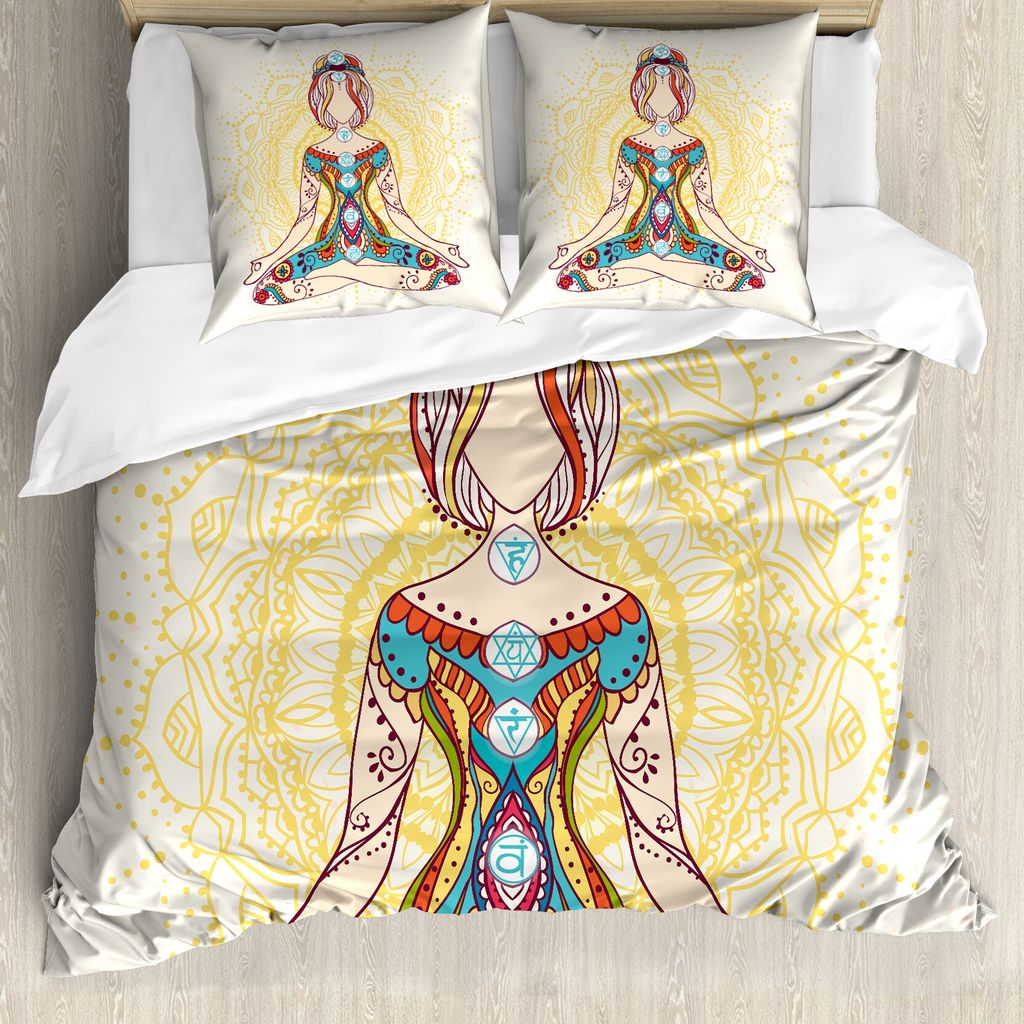 ABAKUHAUS Chakra Bettbezug, Lotus Pose Inner Peace, Milbensicher Allergiker geeignet mit Kissenbezügen, 155 cm x 220 cm - 80 x 80 cm, Mehrfarbig