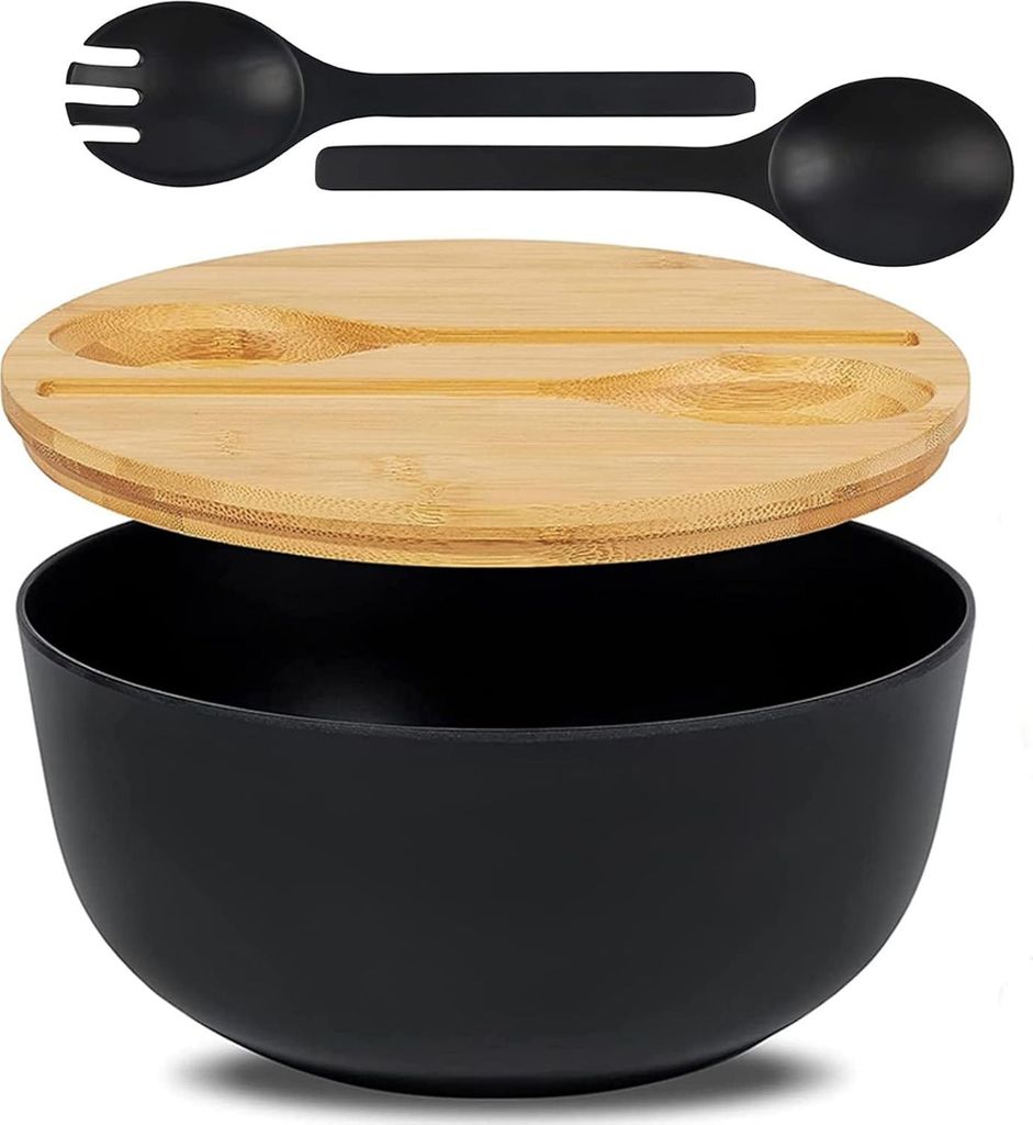Schwarze Bambus-Salatschüssel mit Holzdeckel - Wiederverwendbare Schüssel mit Besteck - Große Servierschüssel für Müsli, Pasta, Salat - 25 x ...