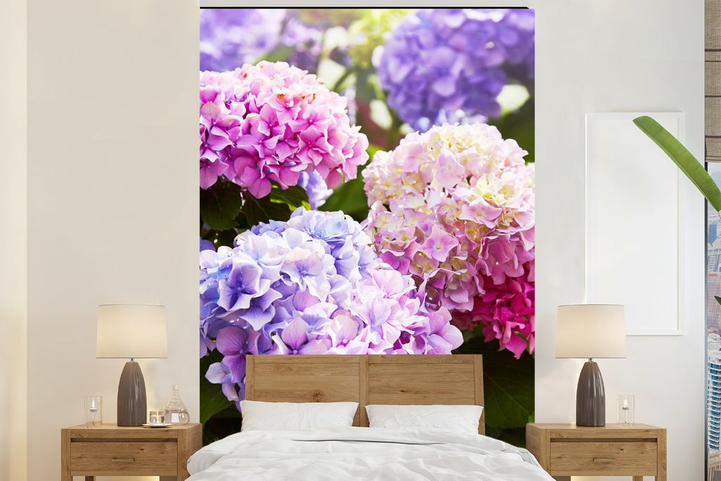 MuchoWow Fototapete für Wohnzimmer oder Schlafzimmer Wandtapete Vinyl Motivtapete Blumen - Hortensie - Rosa - Blätter - Sonne - 170x260 cm - Wo...