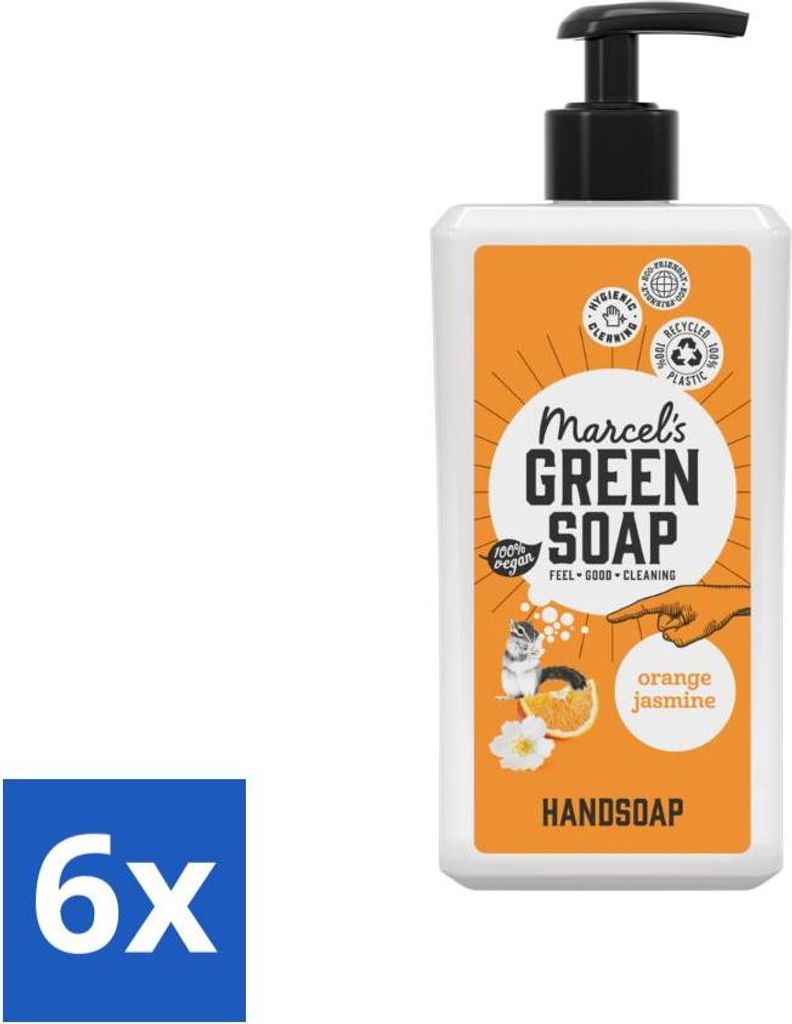 Marcel's Green Soap - Handseife - Orange & Jasmin - Für den täglichen Gebrauch - 500 ml - Vorteilspack - 6 Stücke