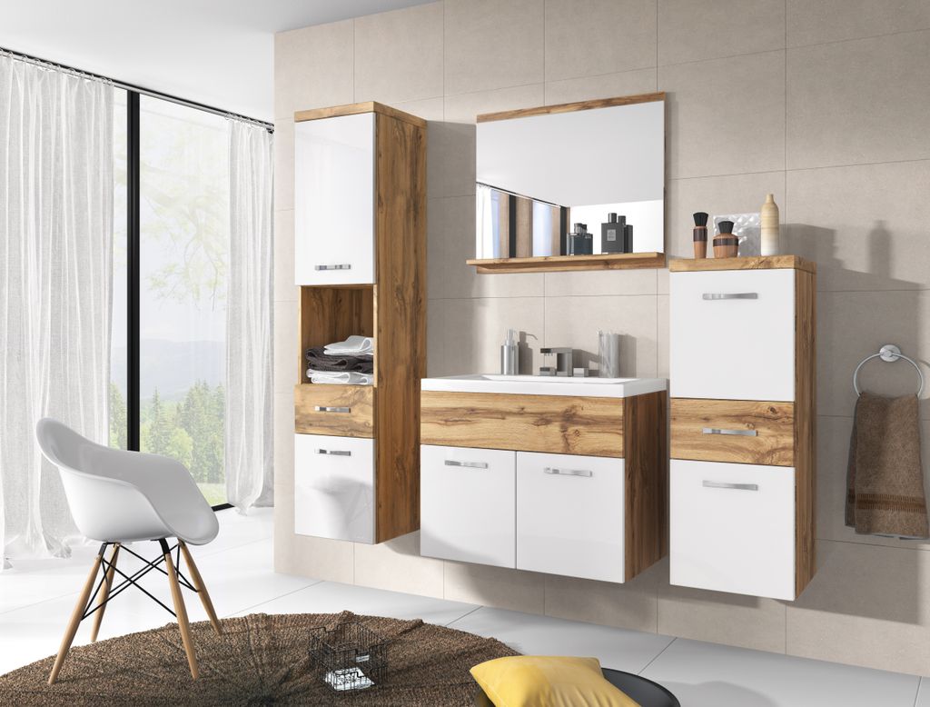 A modern bathroom vanity set with white and wood-effect cabinets, a sink, and a mirror.